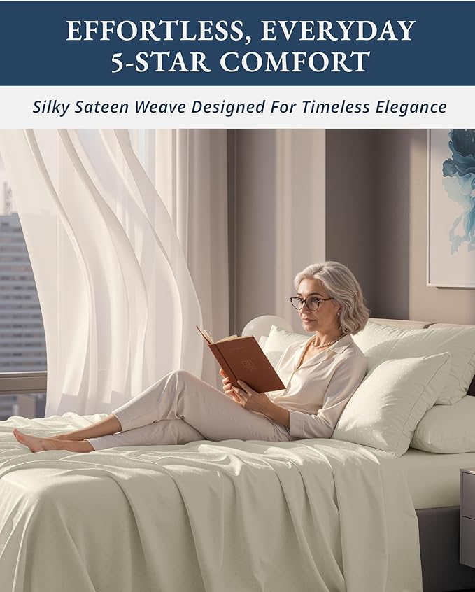 100% Egyptian Cotton King Size Sheets Set – Silky Sateen Weave for Warm Winter Comfort, Ultra Soft & Durable Christmas Sheets King Size, Snug Fit 15" Deep Pocket, Luxury Hotel Comfort at Home - Ivory
