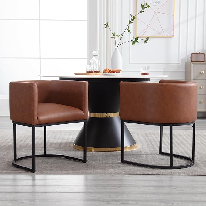 Faux Leather Dining Chair Modern Barrel Arm Chairs with Black Metal Frame, Upholstered Kitchen Chairs 18.5" Wide Accent Chair for Living Room Dining Room Restaurant, Brown