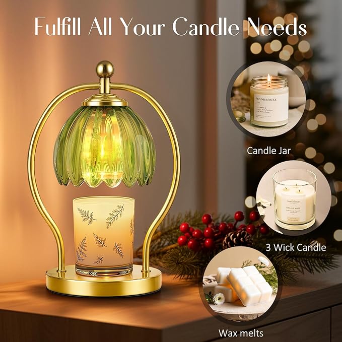 COTTHOS Candle Warmer Lamp, Dimmable Candle Warmer with Timer, Vintage Candles Wax Warmers for Jar Candles Christmas Birthday Gifts for Women Mom, Home Decor for Bedroom Living Room, Gold Green