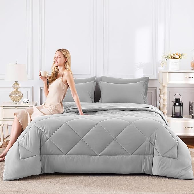 CozyLux Queen Comforter Set Light Grey - Bed in a Bag Queen Size 7 Pieces, Luxury Soft Bed Set for All Seasons, Bedding Set with Down Alternative Comforter, Sheets, Pillowcases & Shams