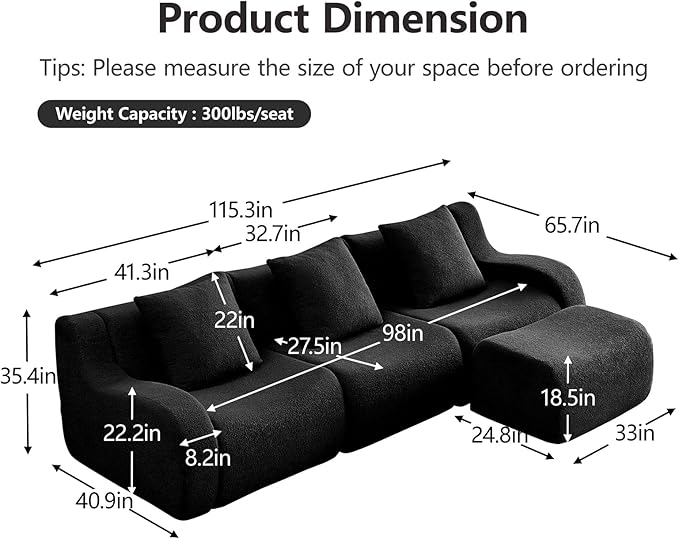 Black L-Shaped Cloud Couch with 1 Ottoman, Modern Teddy Fabric Boneless Sectional Sofa in a Box, Modular Floor Sofa for Living Room, Deep Seat, No Assembly Required, Sofas para Sala