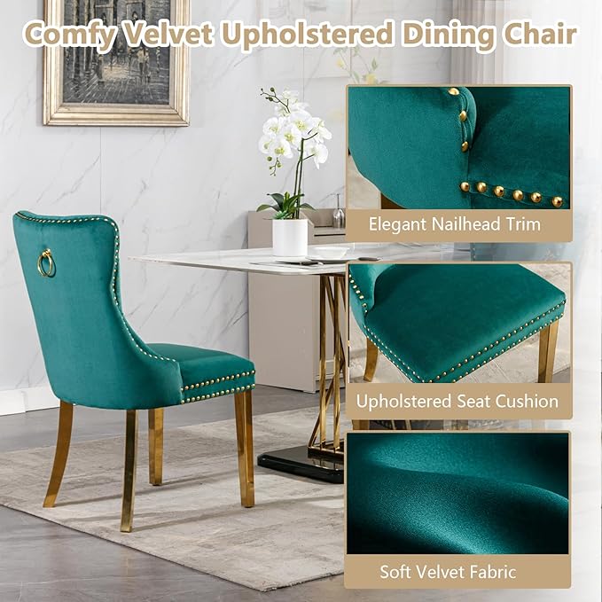 Goujxcy 5 Piece Round Glass Dining Table Set for 4, 47" Round Dining Table & Chair Set Modern Circle Glass Kitchen Table and 4 Velvet Upholstered Chairs for Kitchen Dining (Gold Table & Green Chair)