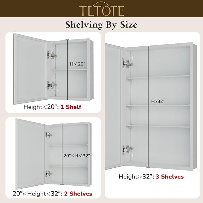 TETOTE 36 x 32 Medicine Cabinet with Tempered Beveled Mirror White Bathroom Mirror Cabinet Aluminum Cabinet DTC Hinges, Stepless Adjustable Shelves, Recessed/Surface-Mounted
