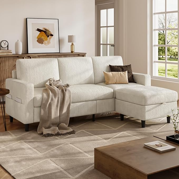Sectional Couches for Living Room, L Shaped Couch with Storage Ottoman, Small Sofa Corduroy Couch with Side Pockets, Modern 3 Seater Convertible Sofa for Apartment, Office, Beige