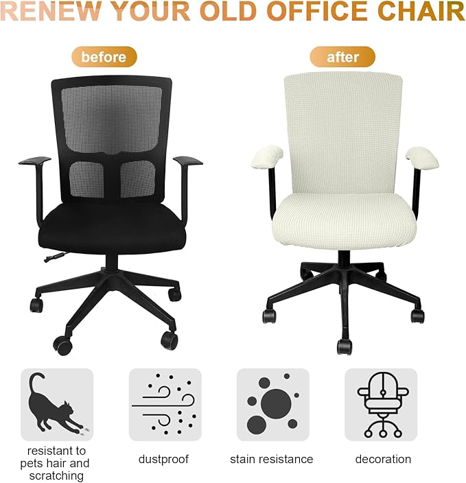 Tallew 4 Pcs Office Chair Covers Set Computer Universal Protective Stretchable Chair Seat Covers Desk Armrest Slipcovers Pads Office Cushion Backrest for Rotating (XL,Cream White)