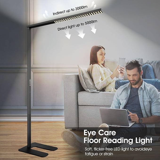 77"LED Floor Lamp,80W Black Modern Free-Standing Lamp,8000LM Dimmable High brightness office Lamp for Reading Study Room，Living Room，Bedroom Room,Piano Room,Meeting Room 4000K Natural Daylight