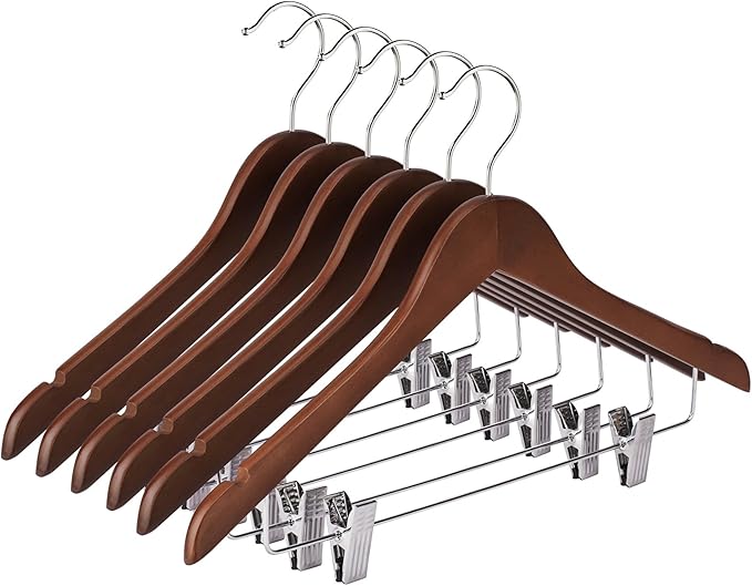 Wooden Hangers with Clips 24 Pack Wooden Pants Hangers,Skirt Hangers with Clips,Adjustable Heavy Duty Clip Hangers,Hangers for Pants,Jeans,Slacks,Shorts （Walunt）