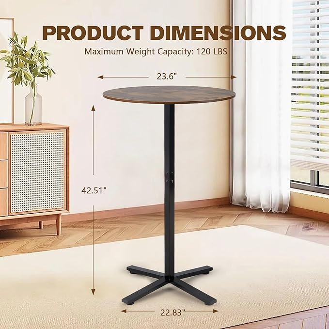 Round Dining Pub Table,Round Bistro Bar Table,23.8 Inch Top,41 Inch Height,Cross Base Suitable for Small Space for Bar and Café, Rustic Brown