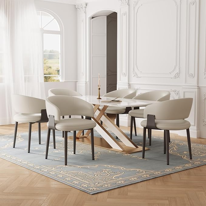 Modern Dining Chairs Set of 6, Faux Leather Upholstered Kitchen Chairs with Curved Back and Metal Legs, Mid Century Chairs for Dining Room, Kitchen, or Café (Light Gray)
