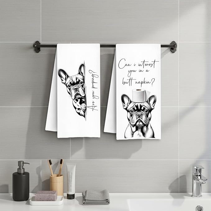 Funny French Bulldog Hand Towels, Frenchie Dog Bathroom Decor, Gifts for French Bulldog Lovers Decorative Hand Towels for Bathroom Washroom Restroom Toilet, 16x24 Inch Set of 2