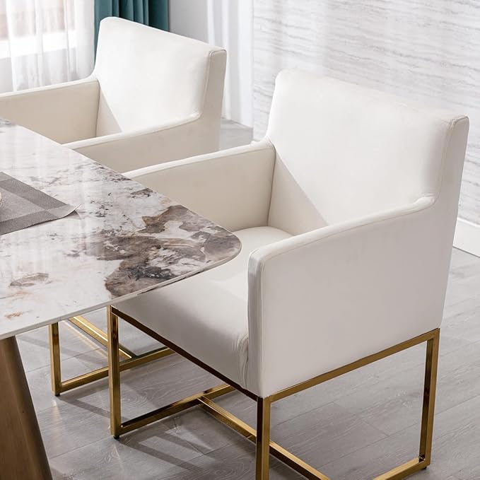Upholstered Dining Chairs with Arms Set of 2 Mid Century Modern Accent Chairs Armchairs with Gold Metal Frame, Velvet Modern Kitchen & Dining Room Chairs, Cream