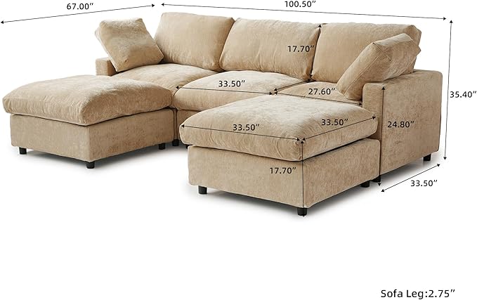 JACH U Shape Sectional Couches for Living Room, Convertible Modular Sofa with Ottomans, Cloud Sectional Couch, Sofa Covers Washable, Minimalist Couch for Living Room, Apartment, Khaki