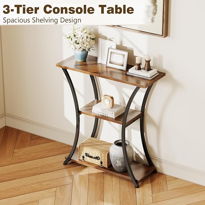 Rustic 3-Tier Console Table with Open Shelves Narrow Entryway Table with Curved Metal Frame Slim Sofa Table for Hallway Living Room or Foyer (Rustic Brown)
