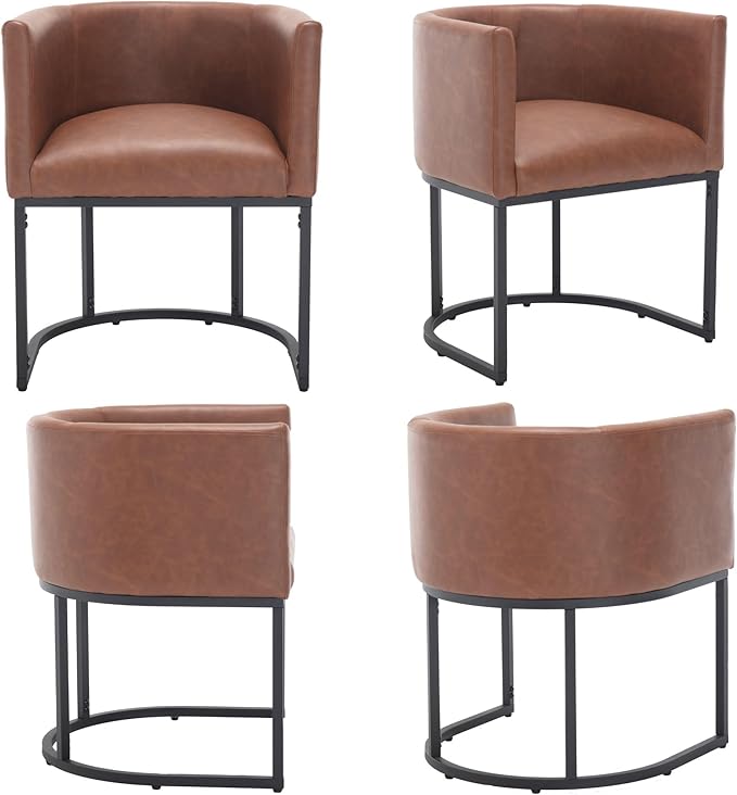 Faux Leather Dining Chairs Set of 4 Modern Barrel Arm Chairs with Black Metal Frame, Upholstered Kitchen Chairs 18.5" Wide Accent Chairs for Living Room Dining Room Restaurant, Brown