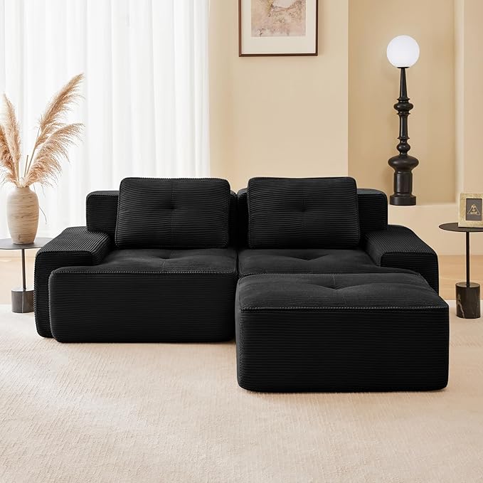 80" Modern Corduroy Boneless Love Seat Couches with 1 Ottoman, 2 Seater Large Sectional Couches for Living Room, Black Cloud Modular Sectional Sofa, Memory Foam, Extra Deep Loveseat, No Assembly