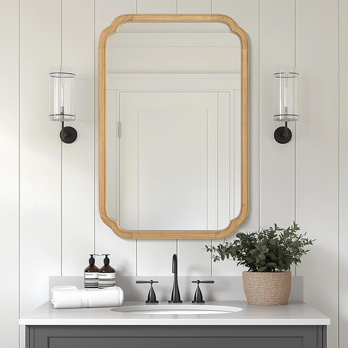 WallBeyond 24" x 36" Rounded Corner Arch Wall Mirror with Wood Frame for Entryway, Living Room or Bedroom Home Decor - Light Woodgrain 24" x 36" Natural Color