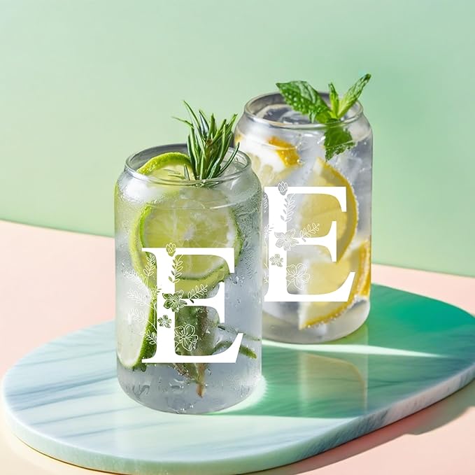 Unique Initial Glass Cup with Lids and Straws, Monogrammed Gifts Box Included Makeup Bag, Christmas Birthday Gifts for Women Mom Sister Grandma, E