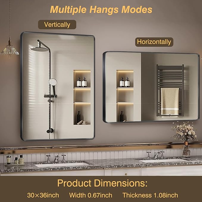Black Framed Mirrors for Bathroom,72 x 36 Inch Rounded Conner Rectangle Mirror for Wall, Matte Black Vanity Mirror with Tempered Glass,Anti-Rust,Hangs Horizontally or Vertically