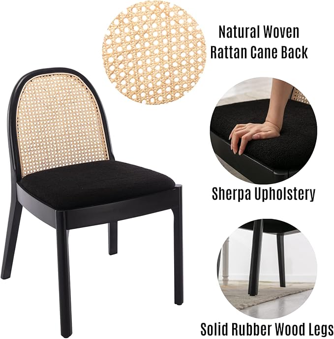 LukeAlon Modern Sherpa Dining Chairs Set of 8, Natural Woven Rattan Cane Back Side Chairs with Solid Wood Legs Mid Century Dinner Chairs for Kitchen Living Room, Black