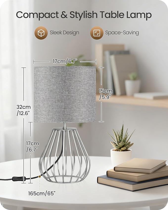 Small Table Lamp, Bedside Lamp with Grey Linen Lampshade & Silver Metal Base, Modern Nightstand Lamp, Little Cute Desk Lamp for Bedroom, Living Room, 2700K LED Bulb Included, SH06TL05