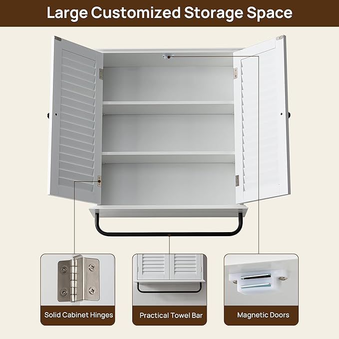 Bathroom Storage Cabinet with Adjustable Wood Shelves & Doors, Made of PDF Wood, Wall Mounted with Towels Bar, Over The Toilet Storage Cabinet for Kitchen & Living Room & Laundry Room-White