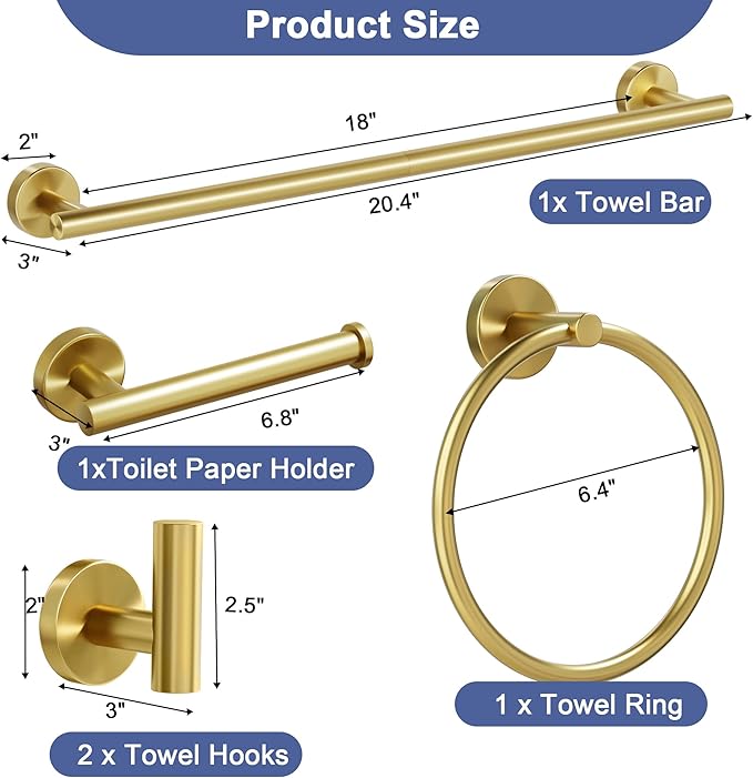 Brushed Gold Bathroom Hardware Set, 18 Inch SUS304 Stainless Steel Bath Towel Bar Set, Bathroom Accessories Set, Towel Rack, Towel Ring, Toilet Paper Holder, Robe Towel Hooks, 5-Pieces