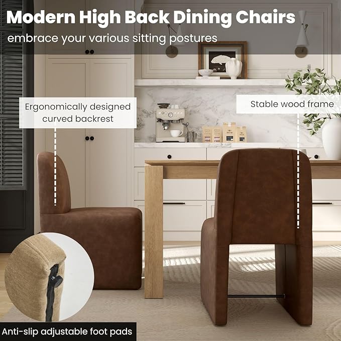 Brown Upholstered Leather Dining Chairs Set of 4, Mid Century Modern Dining Room Chairs with Deep Seat & Curved Back, Armless Side Chair Comfy Kitchen Chairs for Living Room/Kitchen