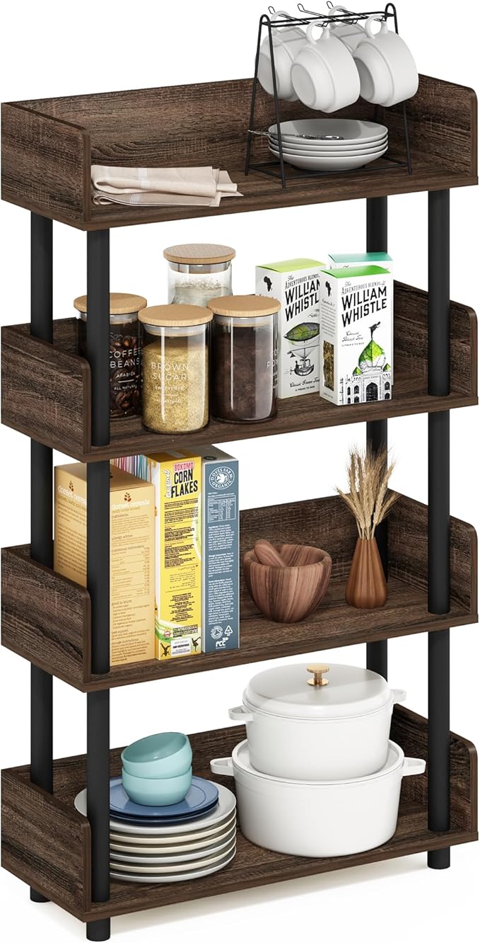 Furinno TURN-N-TUBE 4-Tier Display Shelf, Storage Shelves, Book Shelf, Open Shelves with Rounded Corner Top Edges, for Organization and Storage, Living Room, Home Office, Walnut