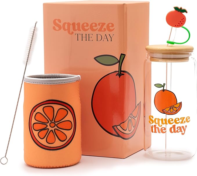 Orange Gifts for Women - Glass Tumbler with Lid and Straw, Customized Straw Stopper and Cup Sleeve. Aesthetic Unique Design Iced Coffee Gift Cup for Mom, Teacher, Friend