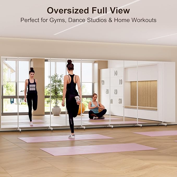 brisafe 67"x55" Folding Mirror with Wheels, 3-Panel Full Length Wall Mirror, Space-Saving Design, Shatterproof Nano Material, Portable Floor Mirror for Gym, Dance Studio, Home, Commercial Use, White