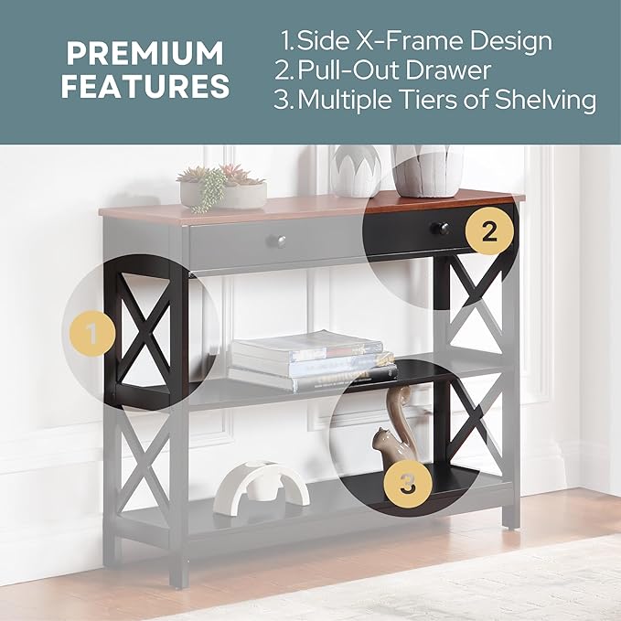 Convenience Concepts Oxford 1 Drawer Console Table with Shelves, Cherry/Black