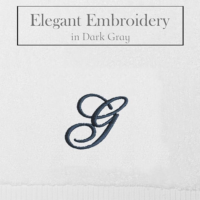 White Monogrammed Hand Towels for Bathroom - Luxury Hotel Quality Personalized Initial Embroidered Towel for Powder Room, Spa - GOTS Organic Certified - Pack of 2 Dark Gray, Letter G