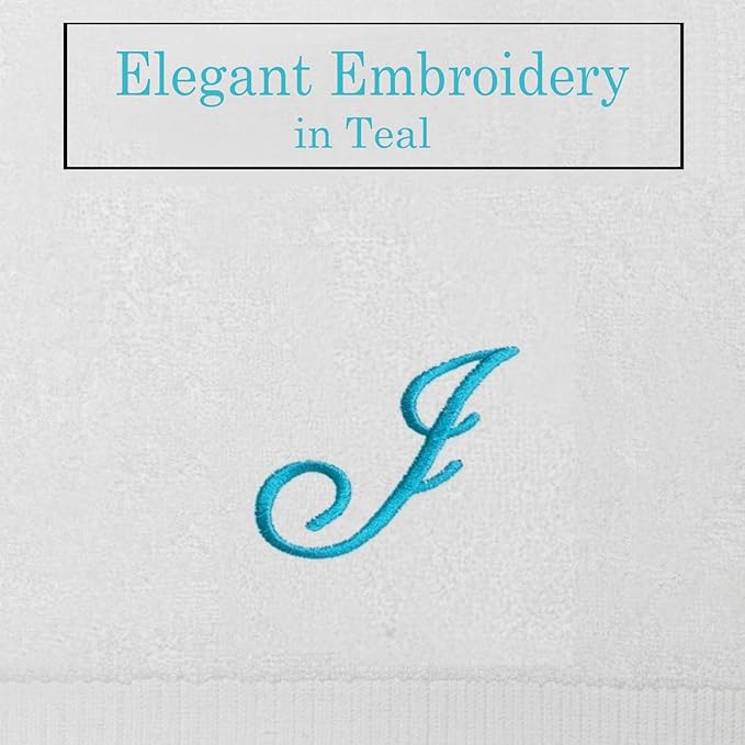 White Monogrammed Hand Towels for Bathroom - Luxury Hotel Quality Personalized Initial Embroidered Towel for Powder Room, Spa - GOTS Organic Certified - Set of 2 Teal Letter J