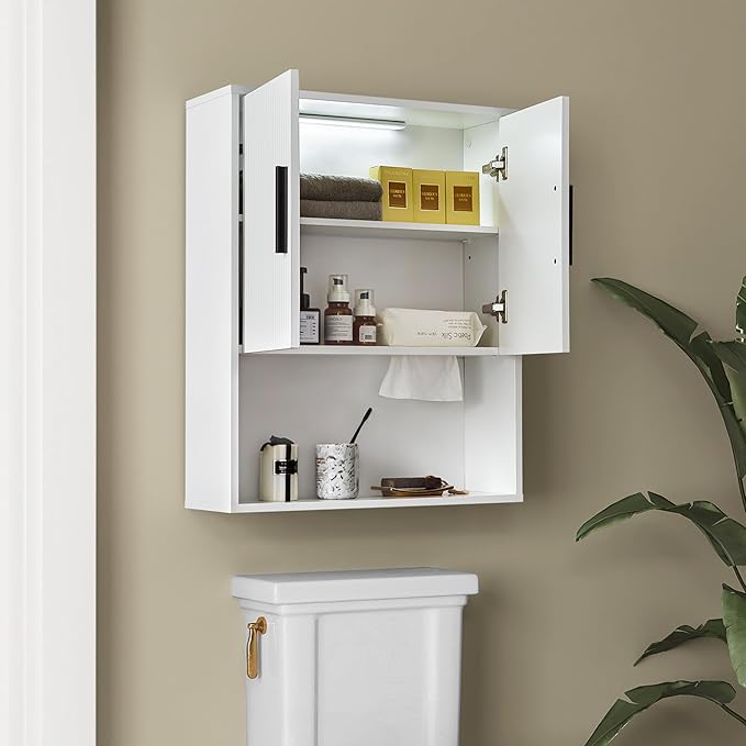 Fluted Bathroom Wall Cabinet with DIY LED Light, Wooden Medicine Cabinet with Tissue Hole, Monuted Wall Cabinet with DTC Hinge (Silent Buffering), Over Toilet Storage Cabinet- Modern White