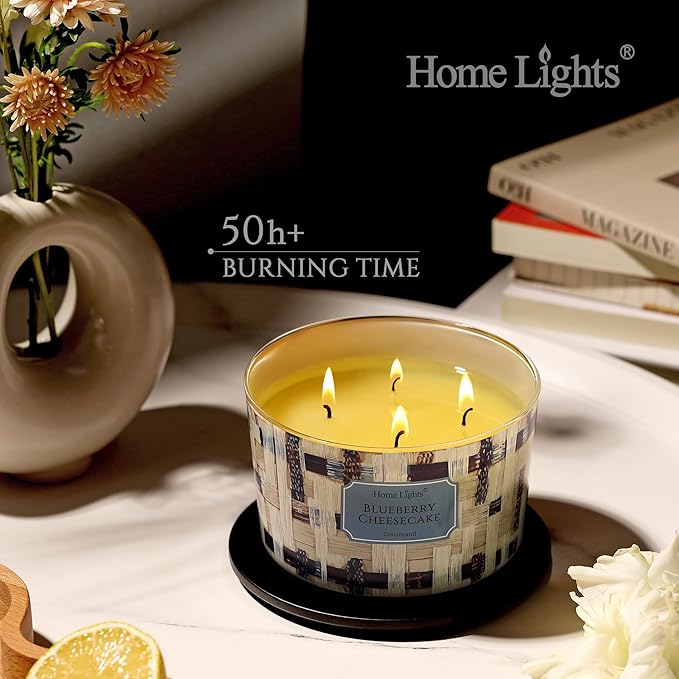 HomeLights Scented Candles for Women & Men, 18oz Candle Jars Aromatherapy 4-Wick Candle, Ideal for Rustic Modern Home Decor and Gifts, Blueberry Cheesecake
