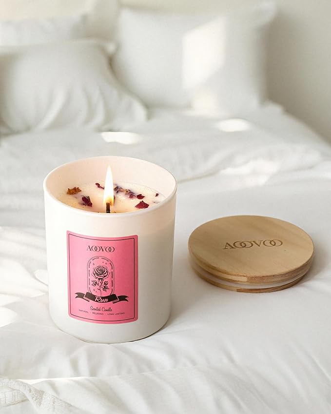 AOOVOO Rose Scented Candles for Women - Aromatherapy Candle with Crystals Inside, 10oz Soy Candles for Home Scented, Birthday Gifts Christmas Candle for Mom Women