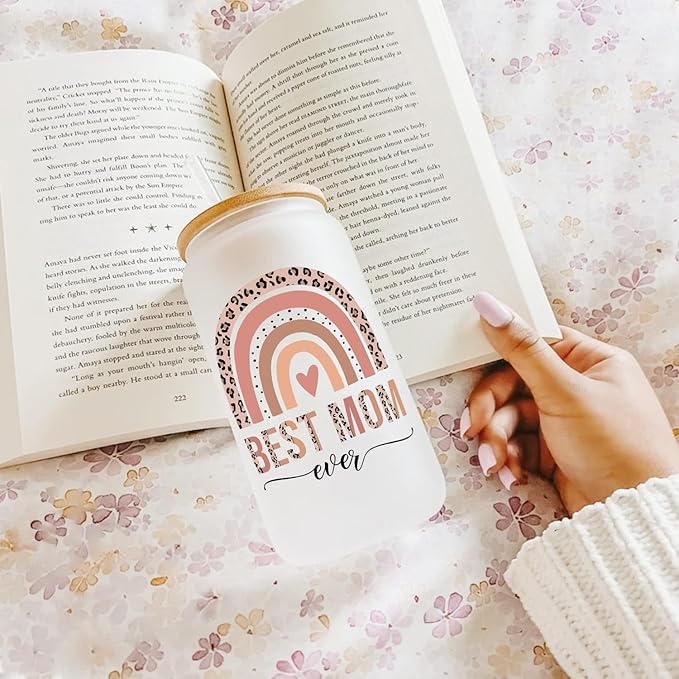 Best Mom Gift for Mother from Daughter Son, Gifts for Mom Iced Coffee Cup, Unique Mom Birthday Gifts, Thank You Mom Gift Ideas for Mother, 16oz Glass Cup with Lid and Straw