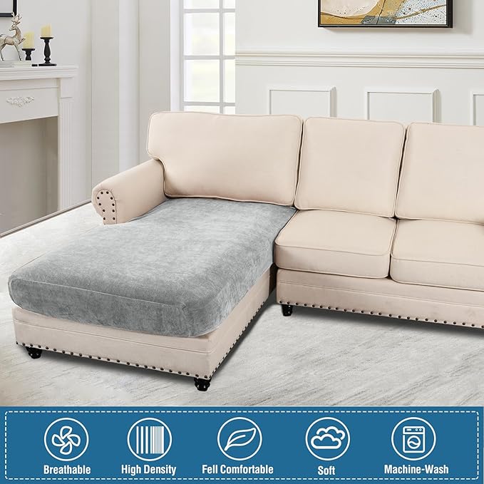 H.VERSAILTEX Stretch Chenille Sectional Couch Covers for L Shaped Chaise Lounge 1 Piece Separate Cushion Couch Non Slip Furniture Protector with Elastic Bottom(Chaise Cushion Cover,Dove)