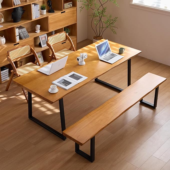 Durable Solid Wood Top Bench with Sturdy Metal Legs – Versatile Dining & Office Seating - Multi-Size Options Ideal for Living Room, Dining Room, and Home Office(Dark yellowbench, 62.99in)