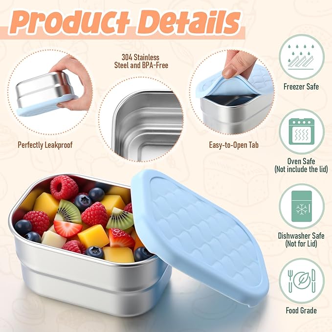 8 Pcs Stainless Steel Snack Containers 8oz & 4oz Easy Open Leak Proof Food Containers with Silicone Lids Reusable 304 Metal Food Box for School Home Picnic (Macaron)
