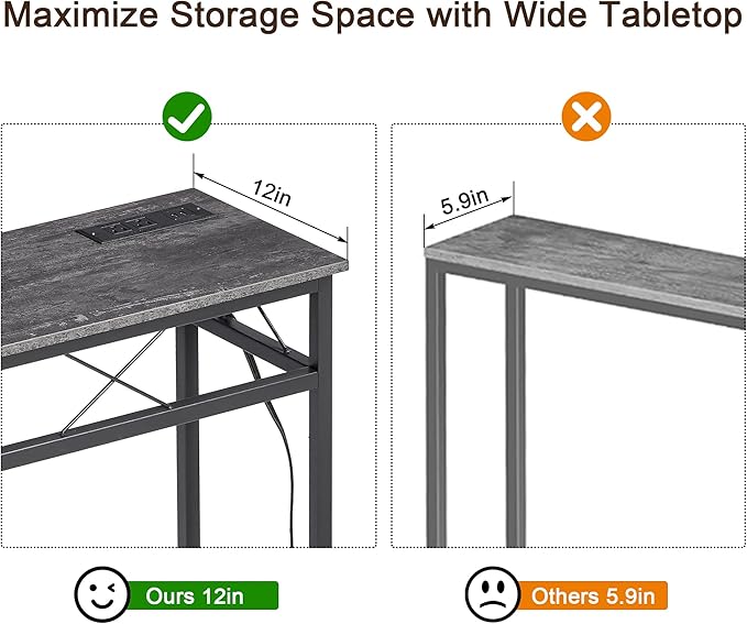 VECELO 71In Extra Long Narrow Sofa/Console Table with Charging Station & Power Outlet and USB Ports, for Entryway, Living Room, Office, Industrial, Dark Grey