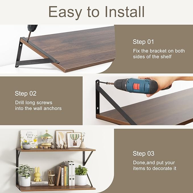 Fun Memories 27.5" W x10 D Floating Shelves, Large Wall Shelves 27.5 Inch Long, Set of 2, Farmhouse Wood Floating Shelf Wall Mounted, Deep Shelves for Bathroom, Living Room, Kitchen, Walnut Color