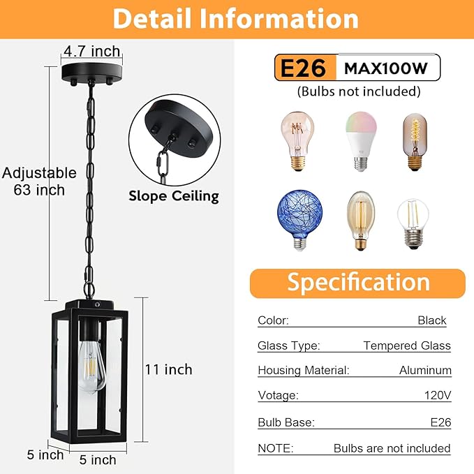 Outdoor Pendant Light, 11" Porch lights Outdoor Chandelier Hanging Ceiling Lights, Black Aluminum Lightshade with Tempered Glass, Exterior Lighting Fixture for Porch Yard Gazebo, 1 Pack, No Sensor