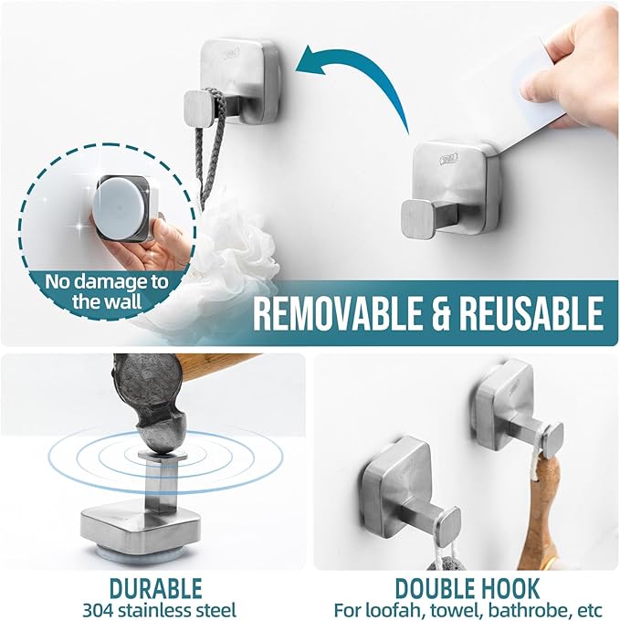 TAILI Thickened 304 Stainless Steel Bathroom Suction Hook for Towel, Loofah, Bathrobe, Patented Strong Suction Cup Holder, Damage-free Hanging Glass Shower Wall Hook, Hold Up to 11 Lbs, 2 Pack, Silver