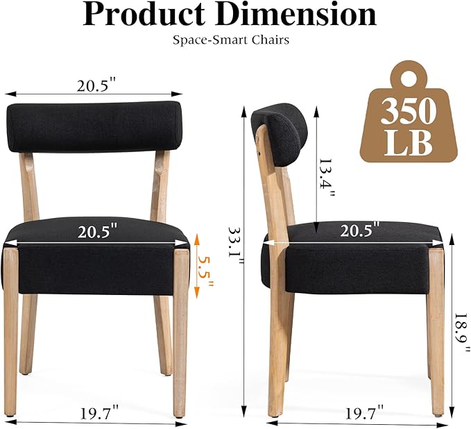 Dining Chairs Set of 4, Mid-Century Modern Wooden Kitchen Chairs with Linen Upholstery - Low-Back Woven Design for Kitchen & Dining Room，Black Fabric
