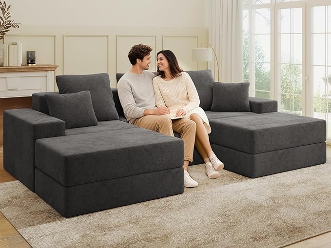 Living&Giving 101" U-Shaped Cloud Sectional Couch for Living Room, Cloud Boneless Couch-No Assembly with Reversible Chaise, Customizable 3-Seat Modular Sectional Sofa with 2 Ottoman,Dark Grey