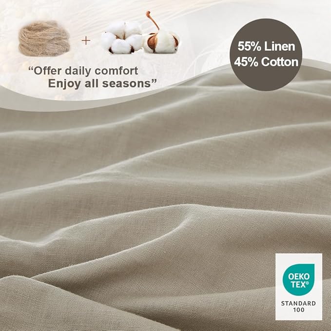 Simple&Opulence French Linen Duvet Cover Set 68" x 86"- 2 Pieces (1 Comforter Cover,1 Pillowcase)- Natural Flax Cotton Blend-Solid Color Breathable Farmhouse Bedding- Khaki, Twin