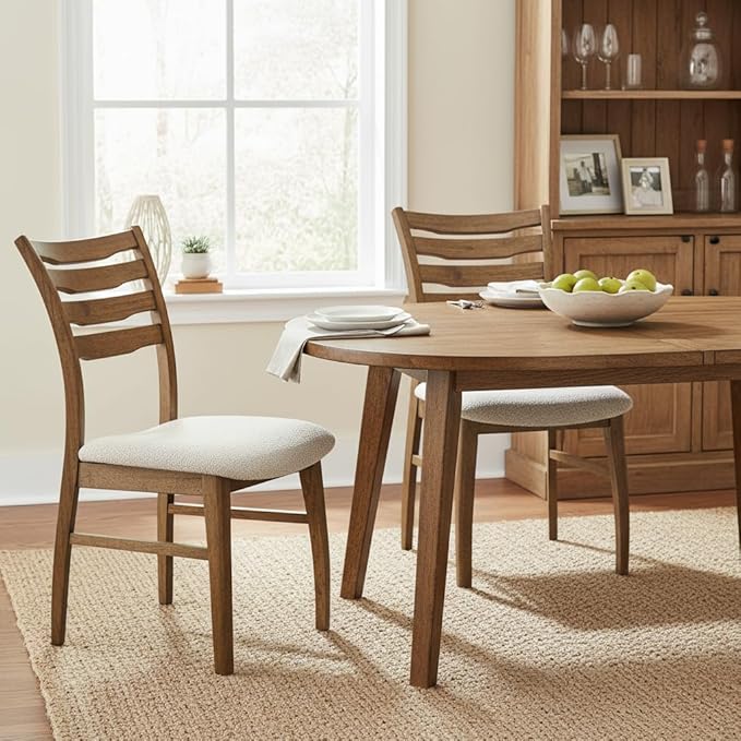 DUOMAY Farmhouse Dining Chairs Set of 2, Fur Beige Upholstered Side Chairs Solid Wood Ladder Back Kitchen Chairs for Home Dining Room, Browm Frame