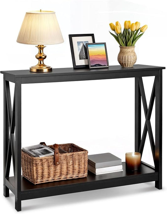 SUPER DEAL Console Table 39.5”, 2-Tier Narrow Sofa Side Table with Storage Shelf, Entrance Table for Hallway/Foyer/Living Room/Corridor/Office, Black