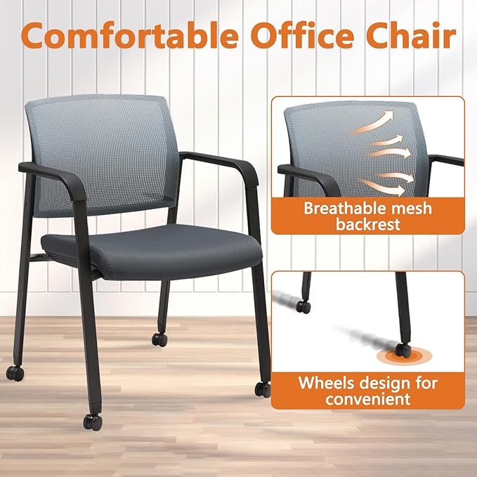 CLATINA Mesh Back Stacking Arm Chairs with Upholstered Fabric Seat and Ergonomic Lumbar Support for Office School Church Guest Reception (WithWheels Gray- 2 Pack)